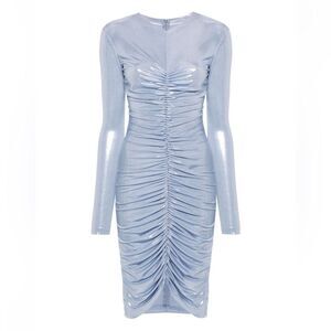 Norma Kamali V neck mini dress silver blue ruched bodycon FWRD Revolve S